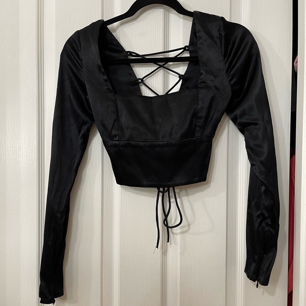 Zara Black Satin Lace-Up Long Sleeve Top